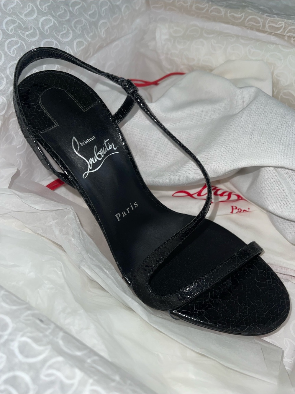 Christian Louboutin Black Patent Strappy Slingback Heel